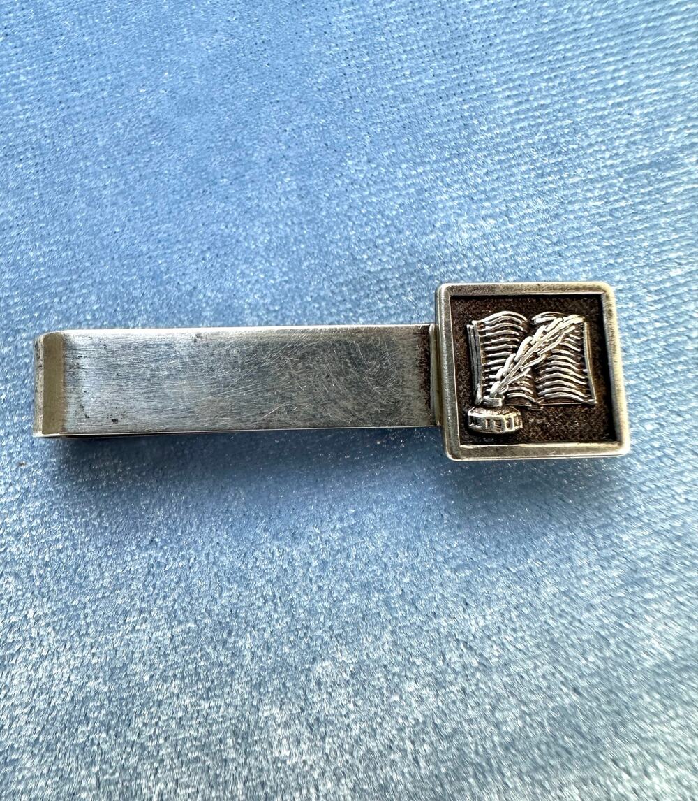 Vintage Sterling Silver Tie Clip Open Book Quill Feather Inkwell Writer Author